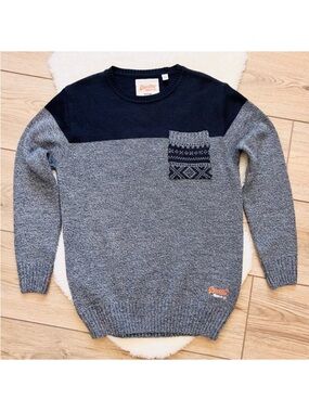 Superdry Men’s Navy and Gray Crewneck with Patterned Pocket